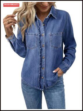 Cotton Blend Ruffle Button Down Denim Shirt Long Sleeve Casual